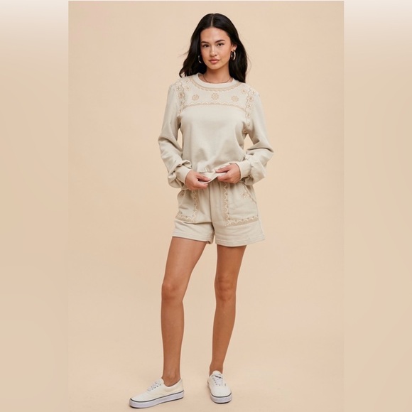 in loom Other - Women’s Embroidered Cream Lounge Sweatshirt and Shorts Set